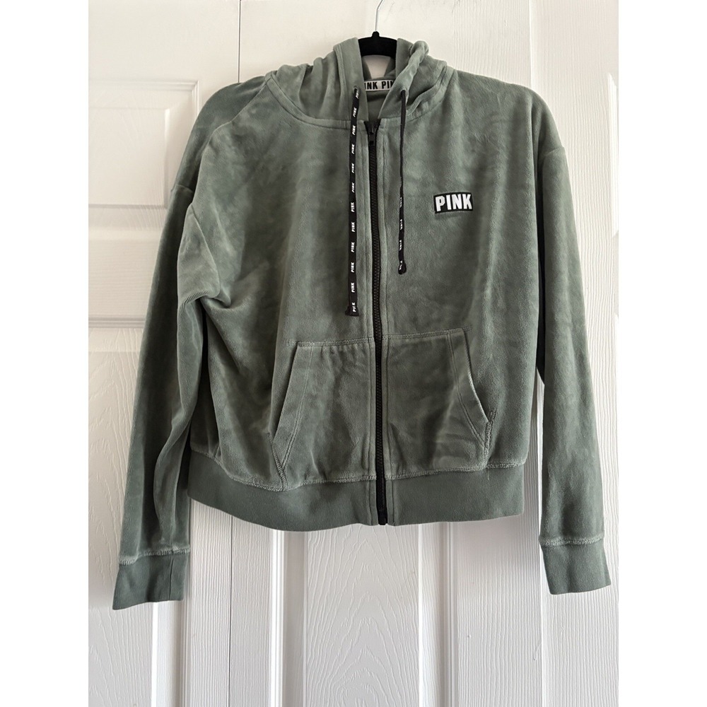 PINK Victoria's Secret Velour Full Zip Hoodie‎ Womens Size XS Green Y2K Velvet